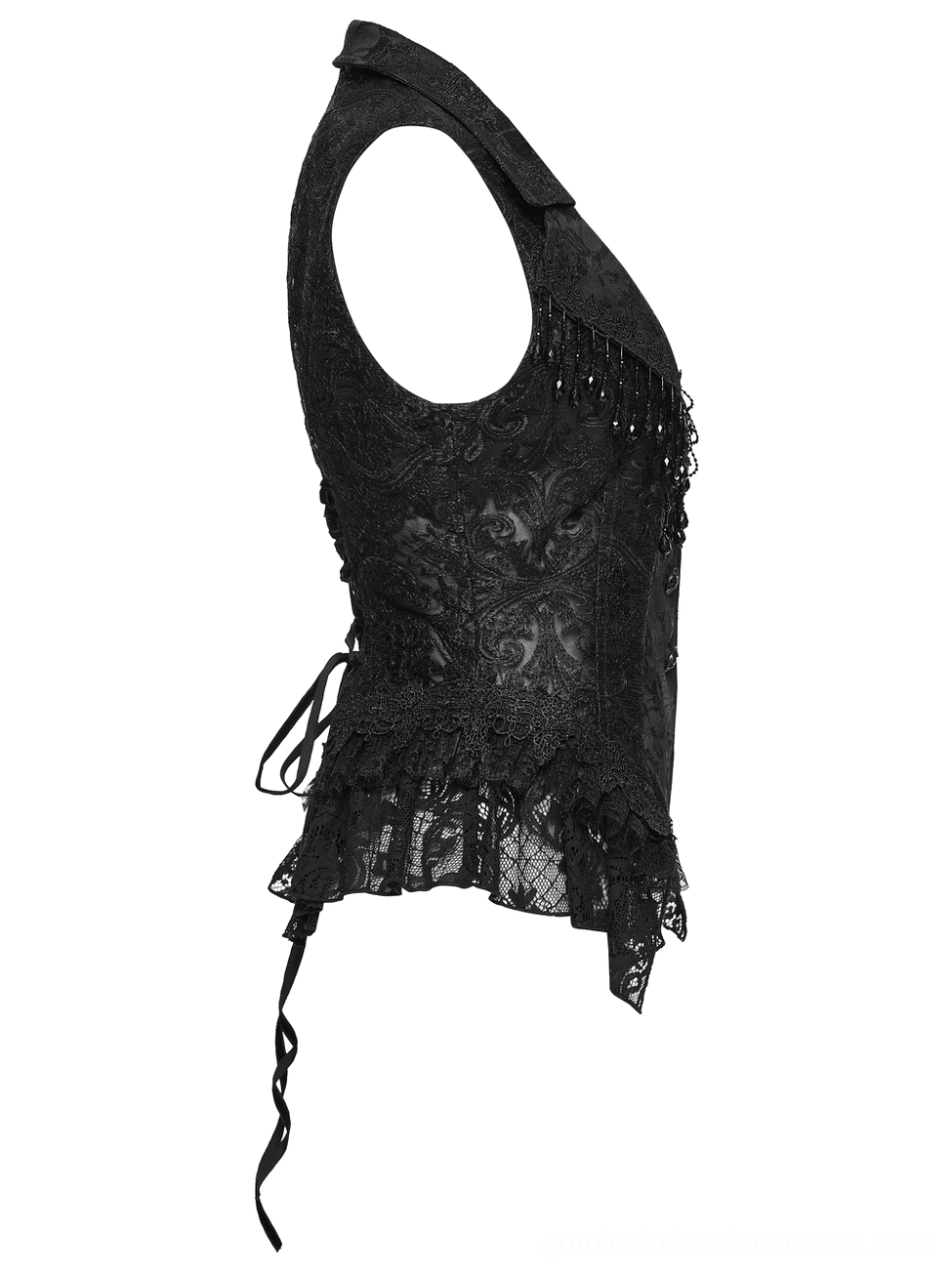 Gothic waistcoat side profile showing embroidered jacquard fabric, drawstring tie, and asymmetric ruffled hem