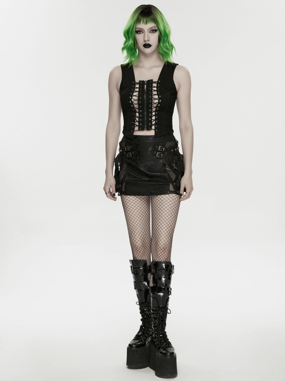 Gothic waistcoat overall styling display, black lace-up mesh vest worn as standalone piece on model