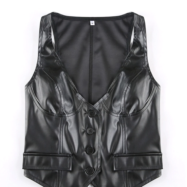 Black leather cropped waistcoat studio product shot, tailored seams and button placket detail