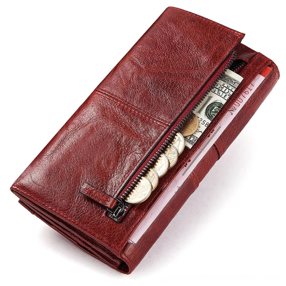 Genuine leather wallet clutch showing hasp closure mechanism and horizontal stripe stitching details on side angle view