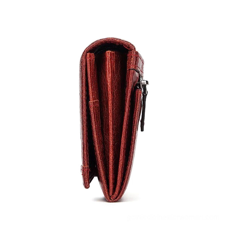 Gothic long leather wallet clutch interior layout showing multiple card slots, coin pocket with zipper, and photo holder compartments