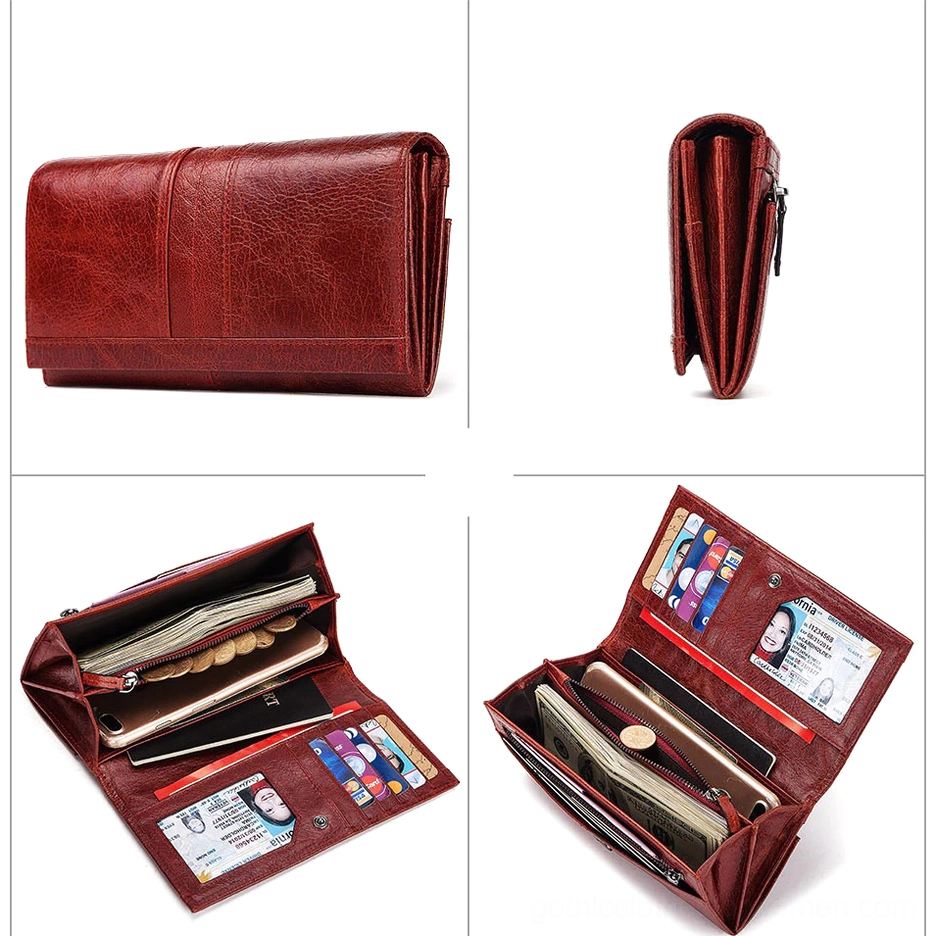 Leather wallet clutch thickness and profile view - 3.5cm deep genuine leather construction for practical daily carry