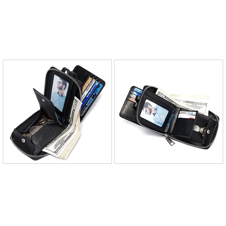 Gothic wallet internal compartments demonstrating coin pouch zipper card slots and storage features