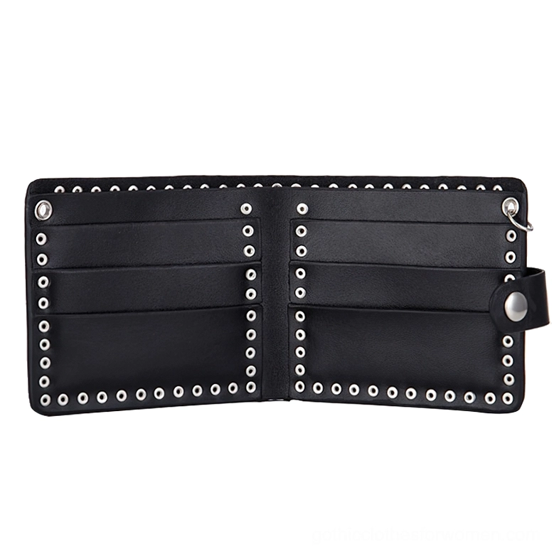 Interior view of punk gothic bifold wallet showing multiple card holder slots with silver rivet trims