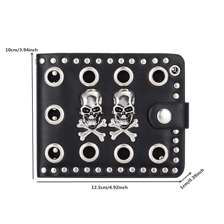 Black skull gothic wallet with measurement dimensions showing 12.5cm length and 10cm height
