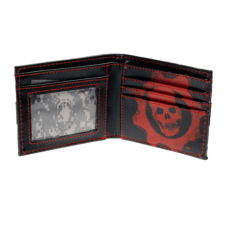 Open bifold gothic wallet showing red-black interior with card slots, ID window, and printed skull motif design