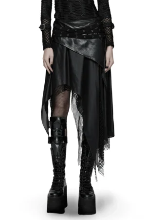 Black asymmetrical gothic wasteland skirt with faux leather and mesh panels worn by model on white background - front full-length view