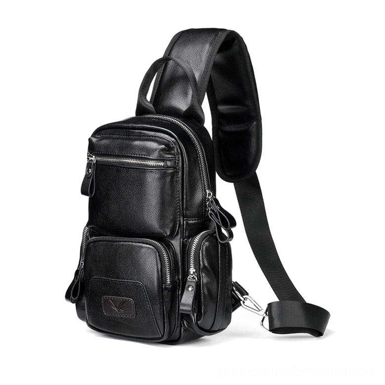 Black gothic waterproof chest bag with pebbled leather texture and metal zippers - three-quarter front view