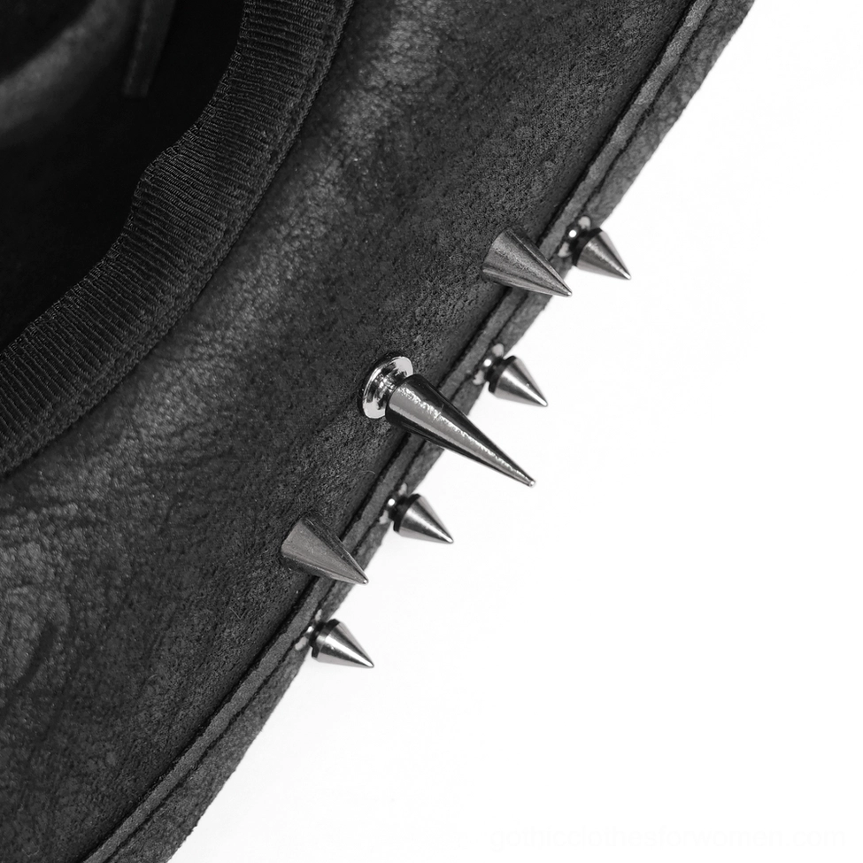 Metal spike bullet gothic western hat three-quarter view showing complete design aesthetic