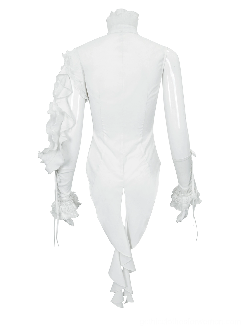 Back view of white gothic blouse on mannequin showing tailed hem and detachable ruffled sleeve attachments