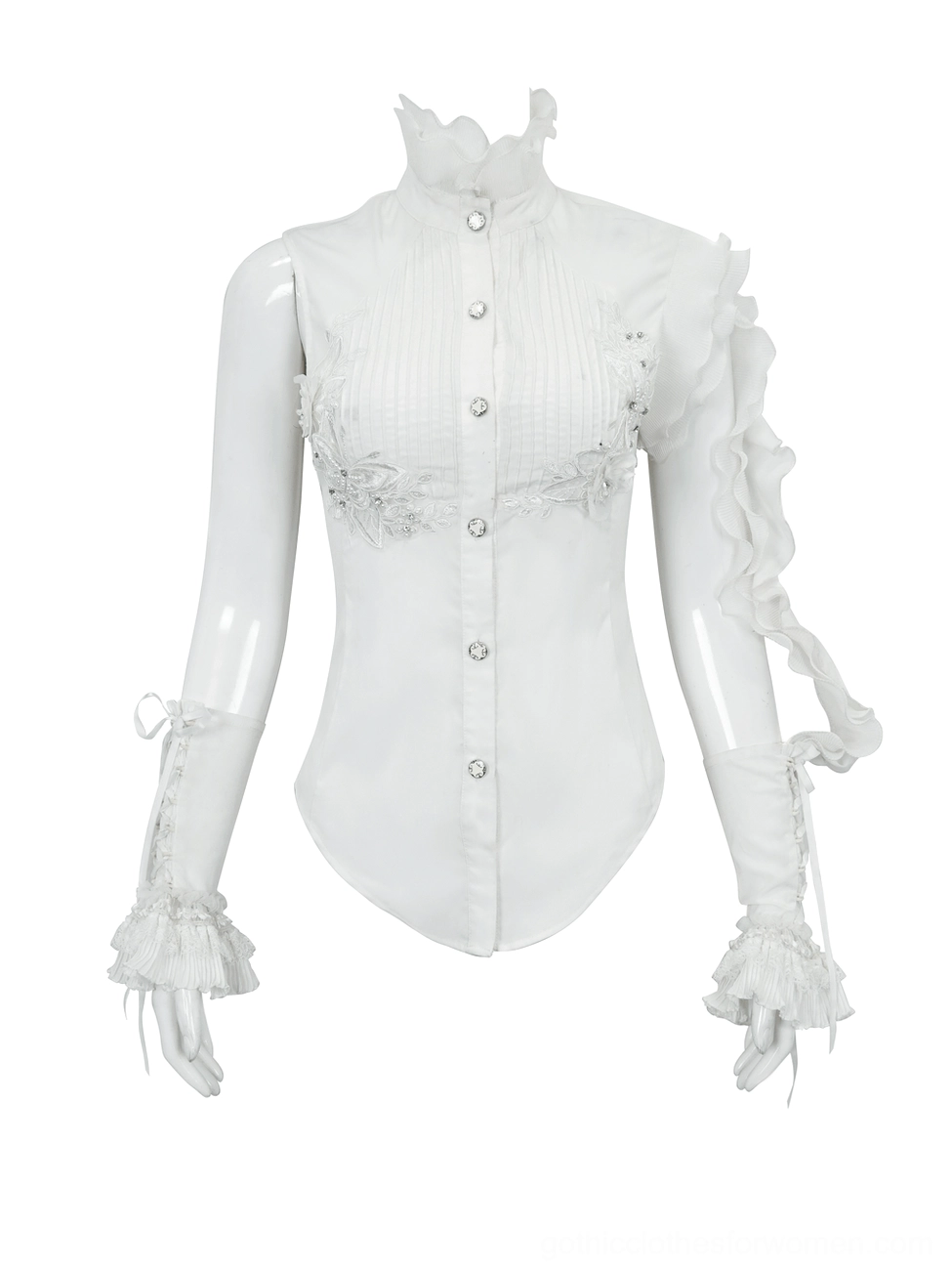 White gothic dress shirt flat lay front view on mannequin displaying ruffled high collar, button front closure, and floral trim embroidery