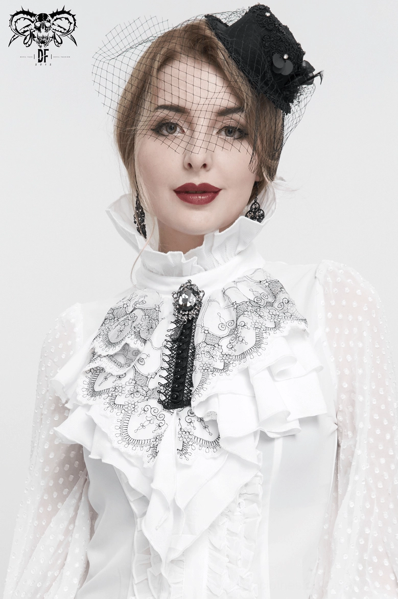 Gothic white jabot necktie worn by female model, three-quarter view highlighting floral embroidery and ruffled construction