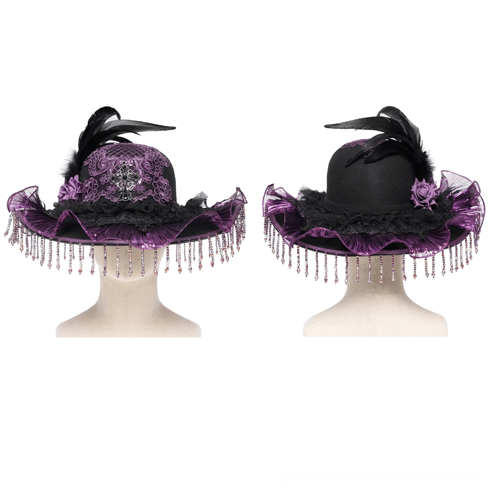 Purple gothic wide brim hat with rose decor and cross applique - dual mannequin display front and back