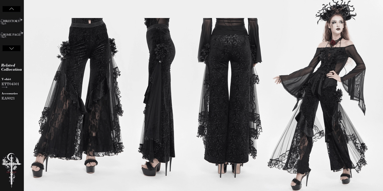 Gothic wide leg flocked pants full product showcase with all design details visible including lace and flowers
