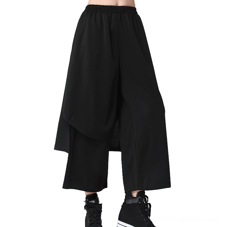 Women's gothic trousers with elastic waistband and asymmetrical front panel design, direct front angle