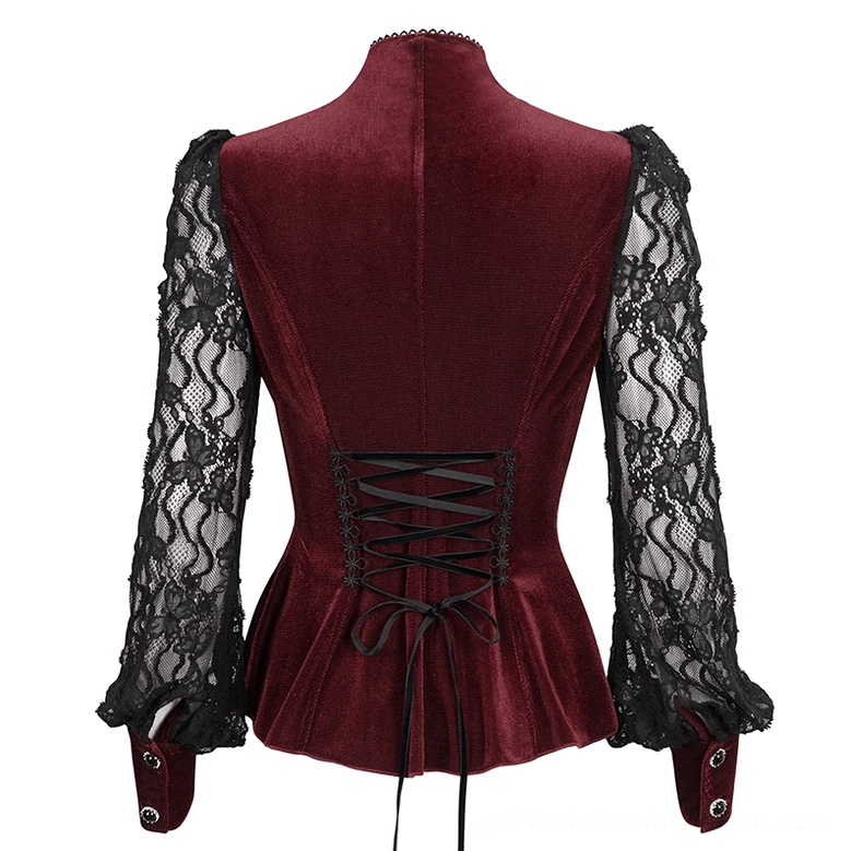 Dark romance gothic velvet blouse back view showing corset lace-up closure and peplum hem detail