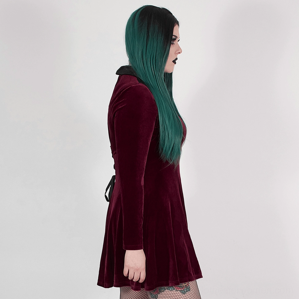 Gothic wine red velvet dress alternative front angle showing spiderweb collar and flowing skater silhouette
