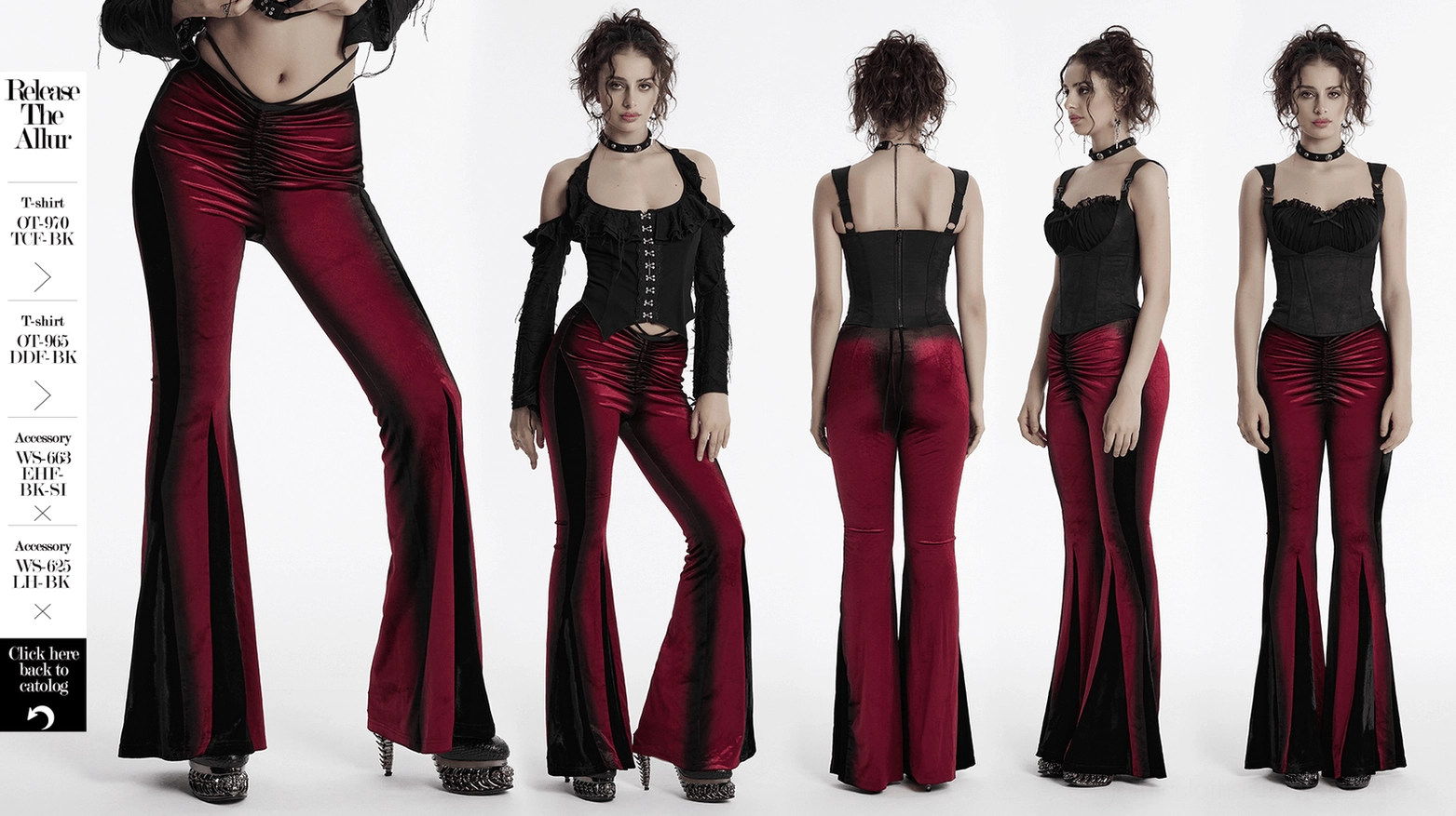 Gothic wine red gradient velvet flared pants full product overview front display