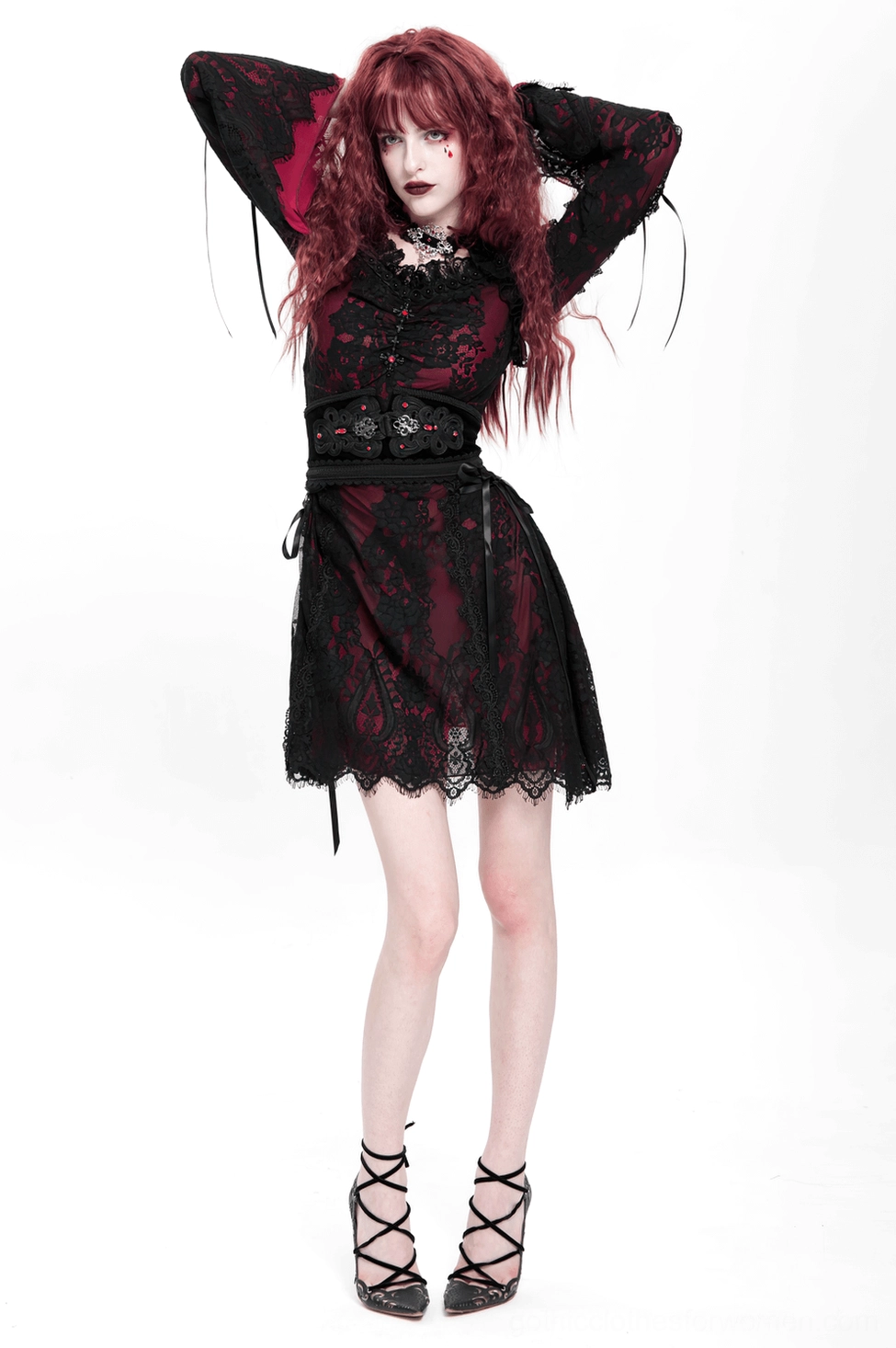 Wine red and black gothic lace mini dress mannequin display showcasing complete design from waist to hem