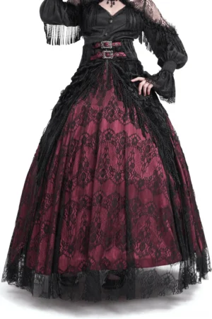 Wine red gothic high-waist lace skirt with black floral overlay, tassel details, and ornate buckle waistband, modeled on female figure in studio setting