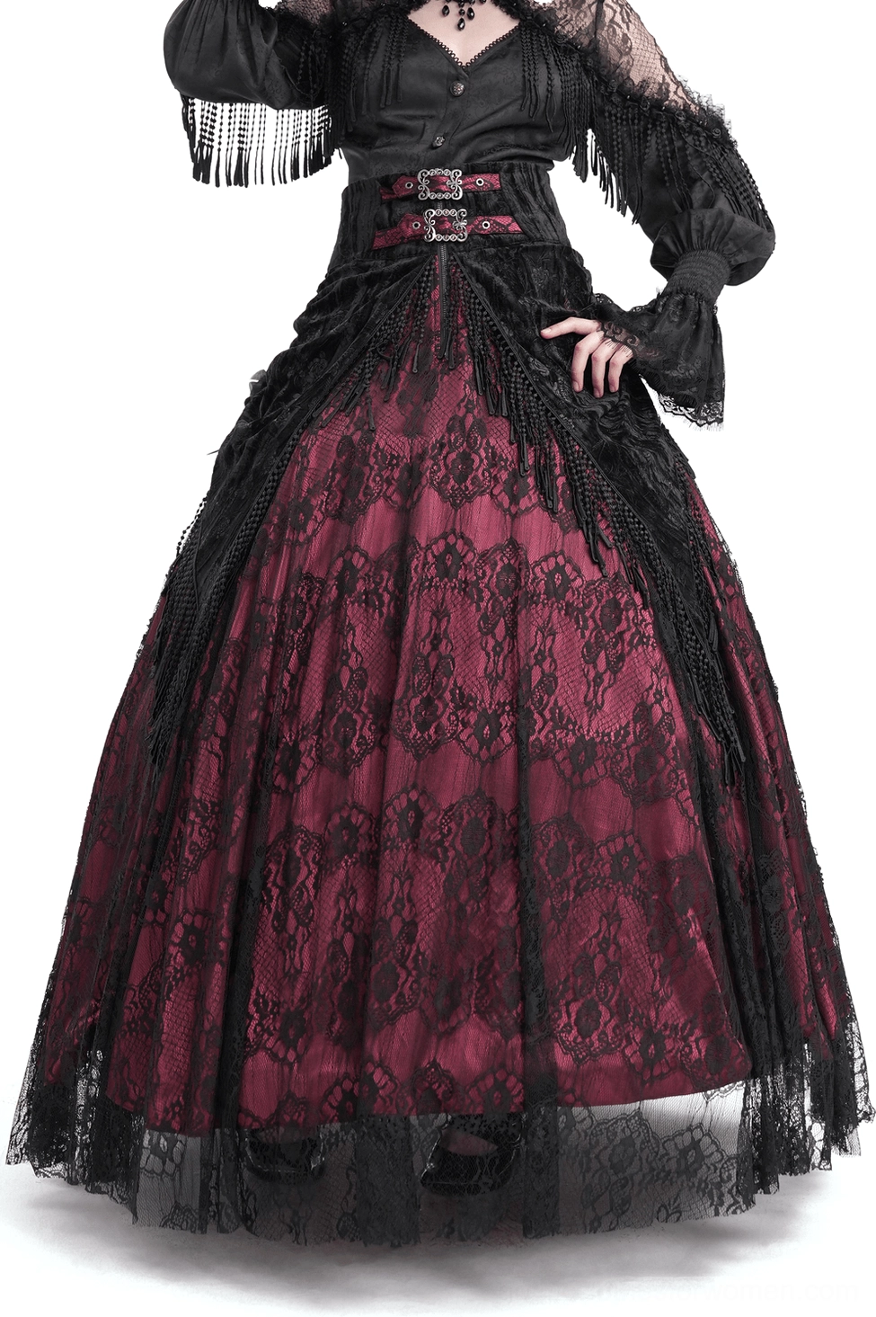 Wine red gothic high-waist lace skirt with black floral overlay, tassel details, and ornate buckle waistband, modeled on female figure in studio setting