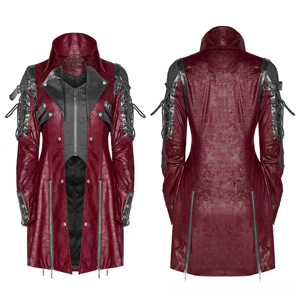 Gothic leather jacket flat lay front and back display showing contrast black panels and stand collar