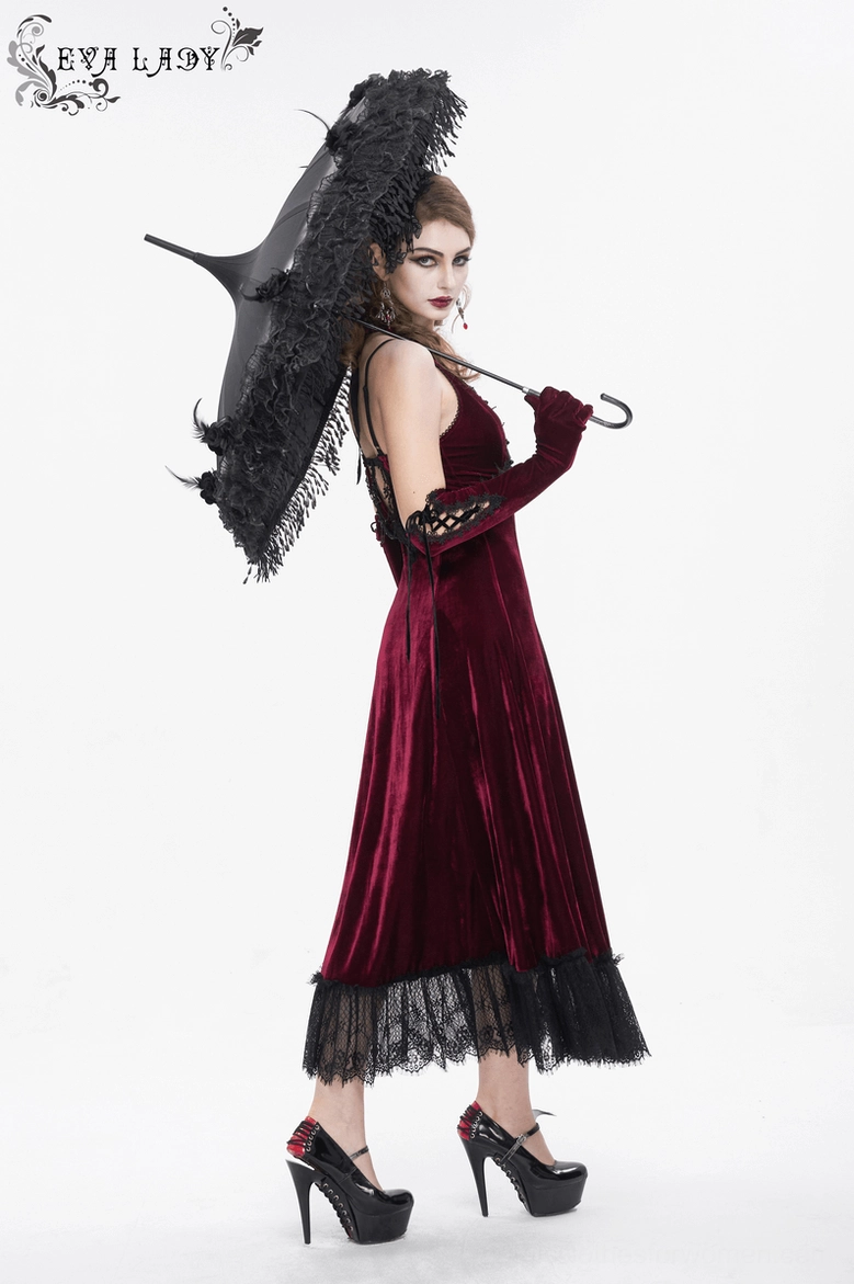 Gothic wine red maxi dress full length display with black lace hem and cutout design, elegant alternative wear