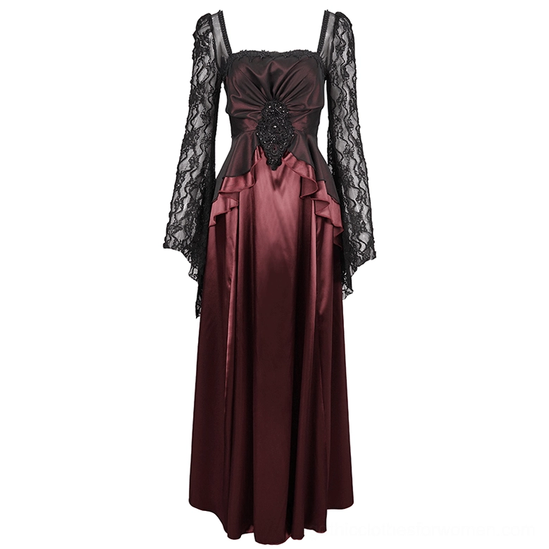 Wine red gothic maxi dress flat lay front view, square neckline with lace bell sleeves and bust appliqué