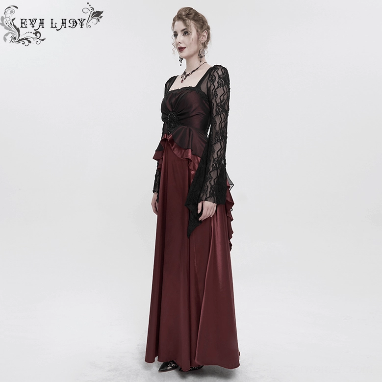 Wine red gothic maxi dress full front view on mannequin, showcasing complete silhouette and design