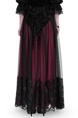 Back view of gothic wine red mesh maxi skirt with attached black lace neckline detail and floor-length embroidered hem