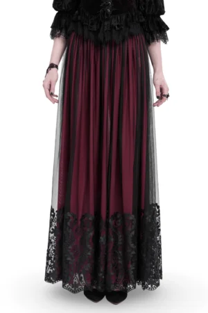 Wine red gothic mesh maxi skirt full front view showing sheer overlay and embroidered black lace hem detail on female model