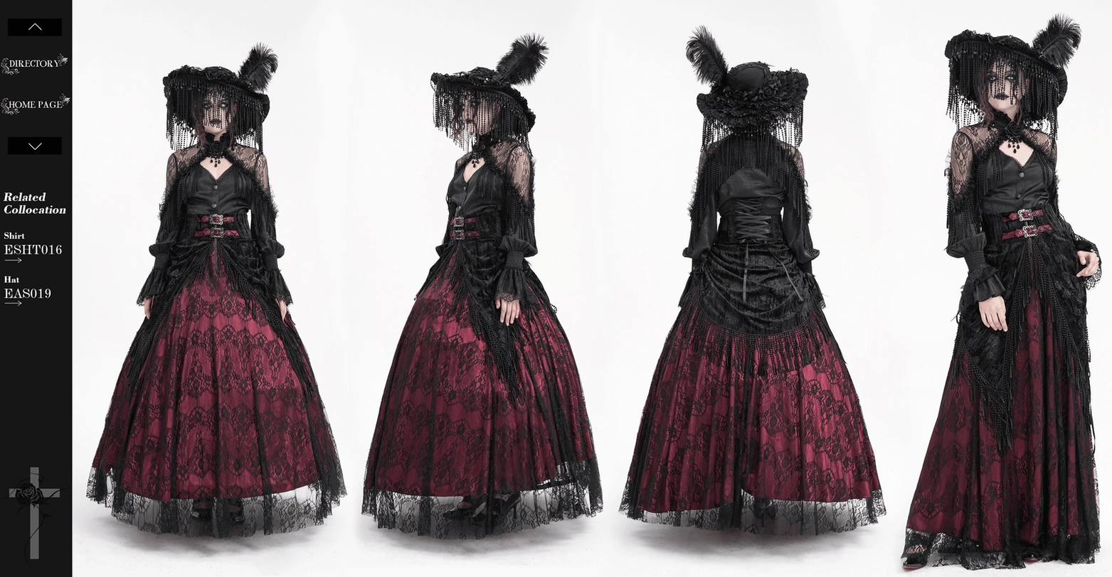 Gothic wine red high-waist skirt featuring ornate metal buckles, delicate black floral lace overlay, tassel details, and sophisticated draping