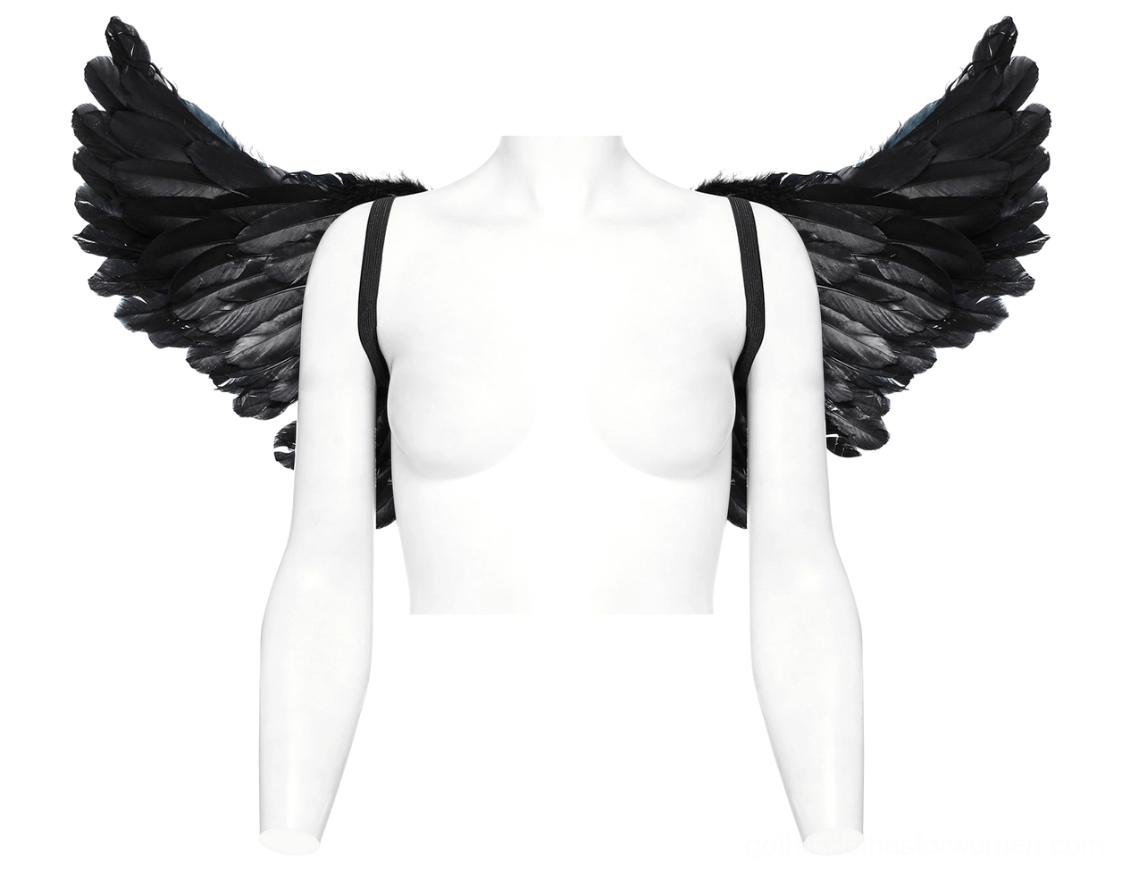 Gothic feather demon wing harness with red leather accents and decorative silver chains on mannequin