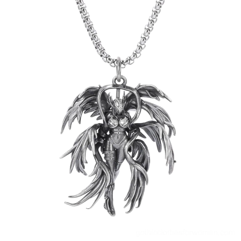 Gothic winged angel pendant necklace flat lay - antique silver stainless steel with multi-layered feathered wings and curb link chain