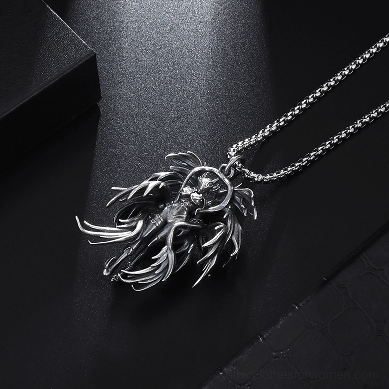 Gothic angel pendant necklace overhead close-up - complete winged angel figure vintage dark silver stainless steel