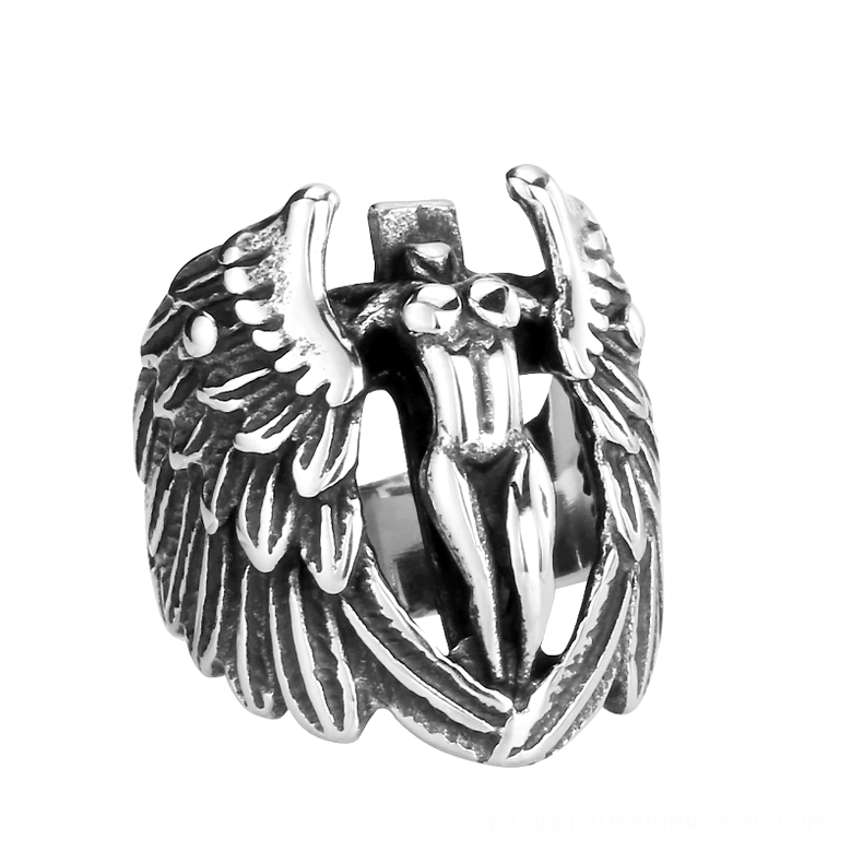 Gothic winged angel stainless steel ring in silver tone with realistic feather embossment
