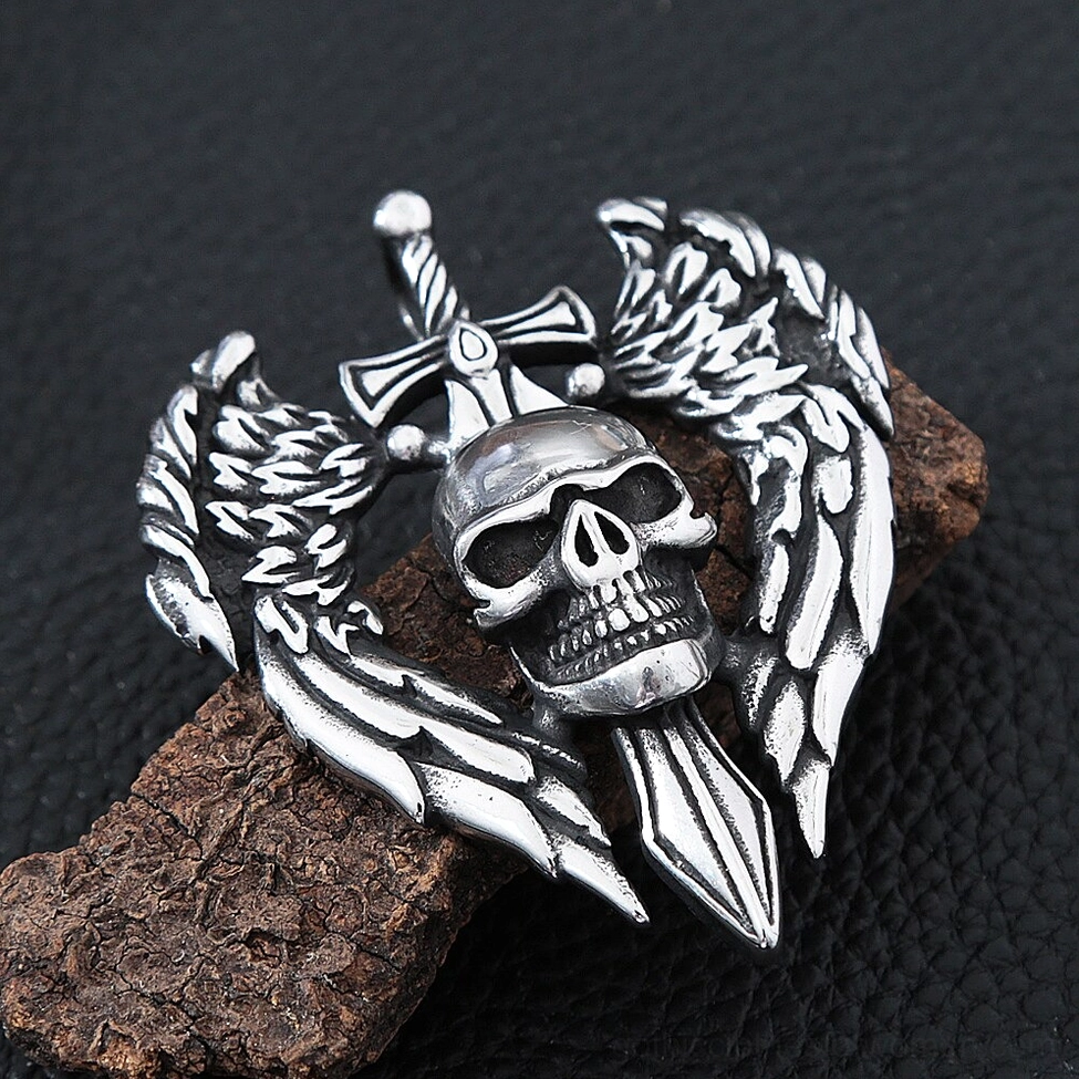 Complete gothic winged skull pendant necklace ensemble showcasing full design and wearable length