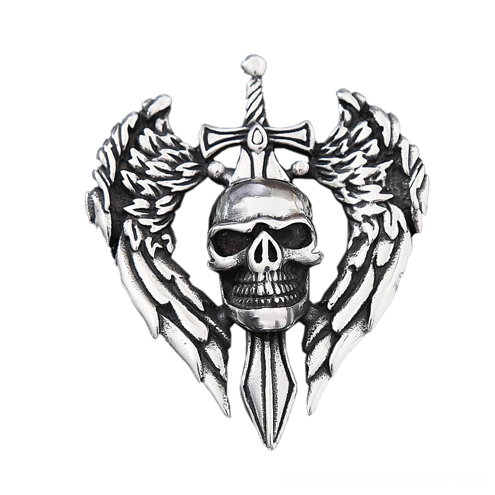Stainless steel winged skull pendant without chain, front overhead view showing intricate angel wings and cross sword details