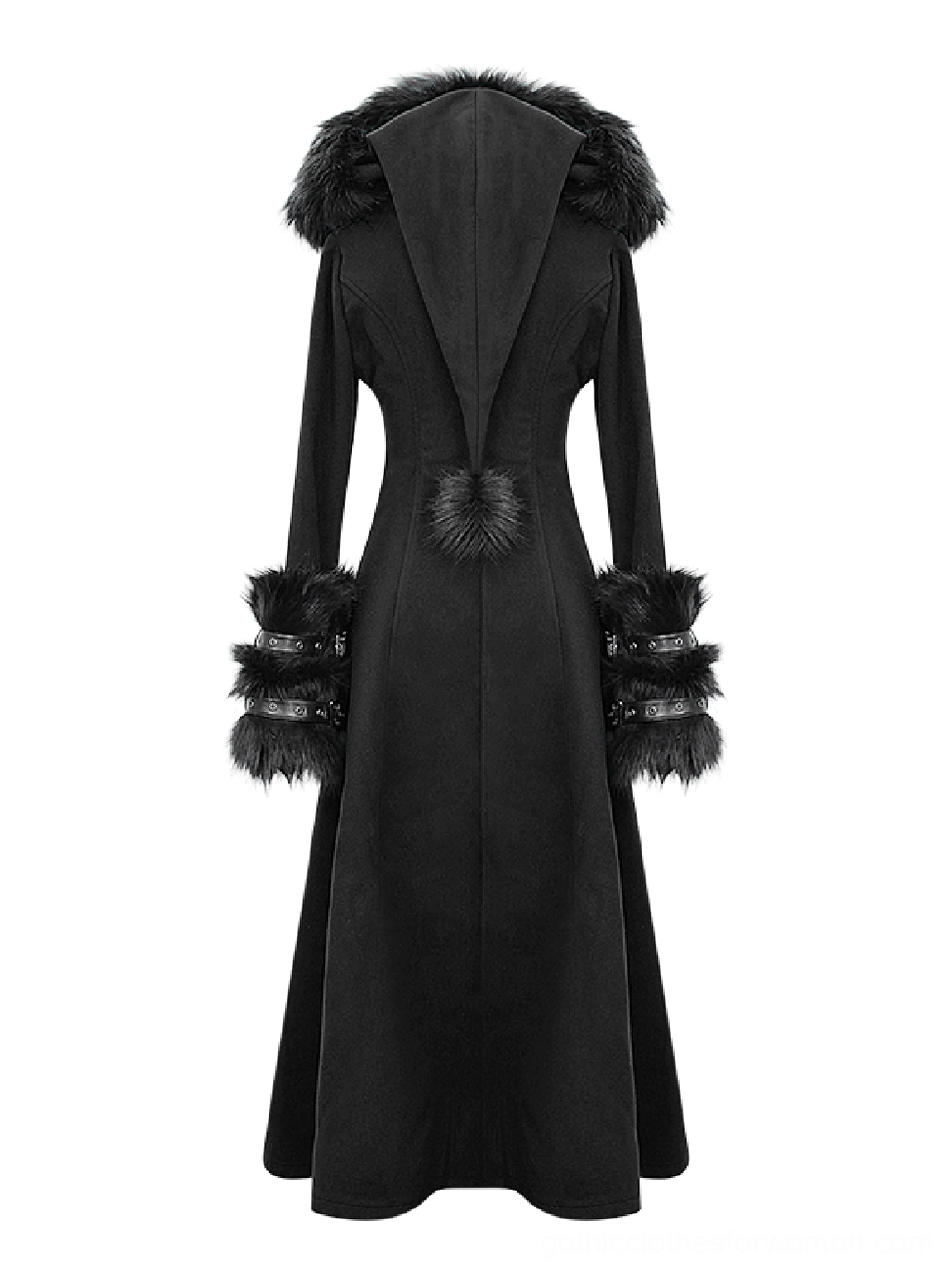 Back full-body view of gothic black coat showing faux fur hood trim, decorative fur pom-pom detail, and buckled cuff hardware from rear