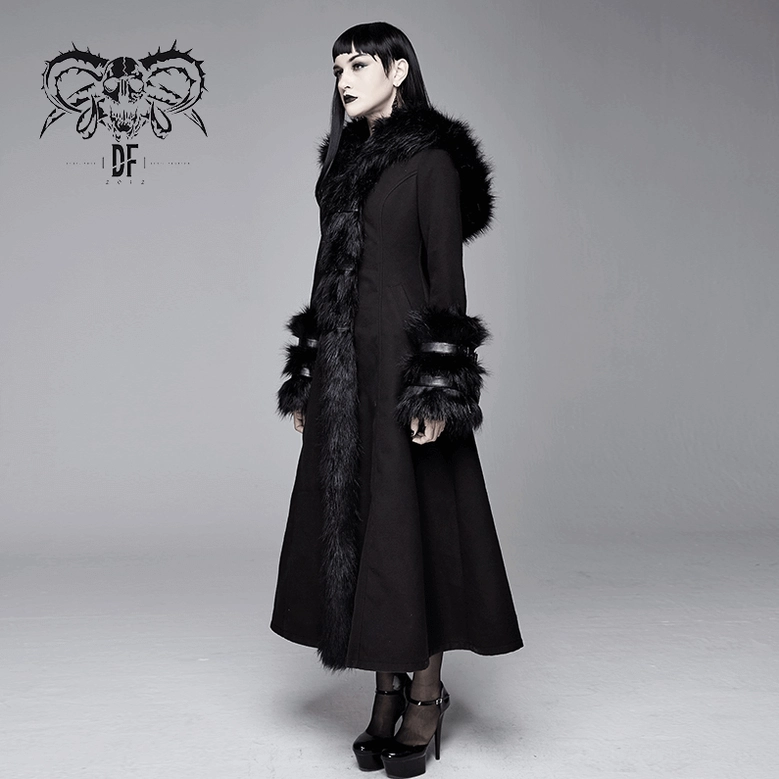 Alternative view of gothic black coat showing faux fur hood luxurious texture, front fur panel integration, and leather hardware details