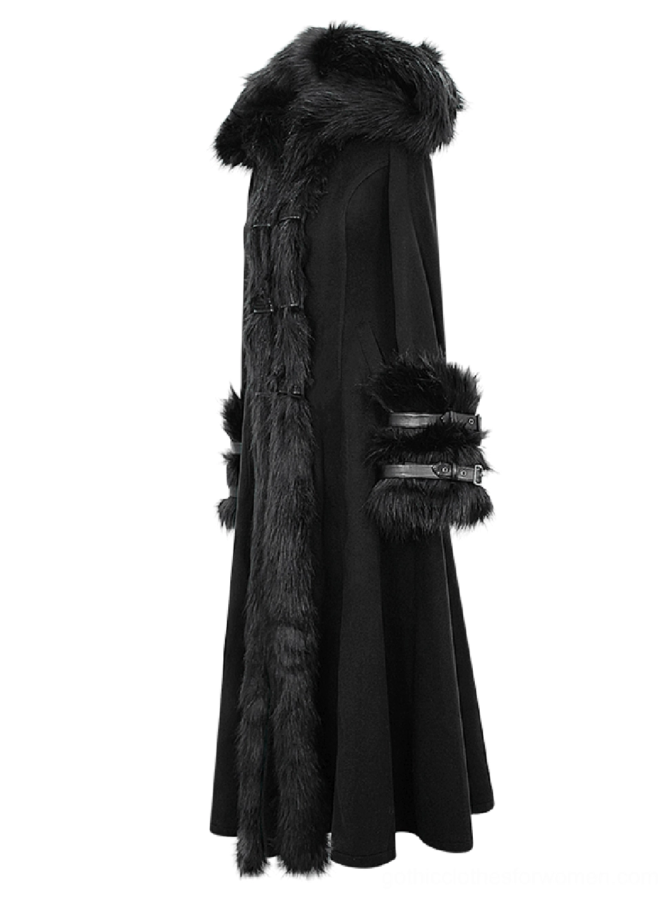 Side three-quarter flat lay of gothic coat showing faux fur hood, front fur panel construction, leather buckle cuff system, and dramatic drape