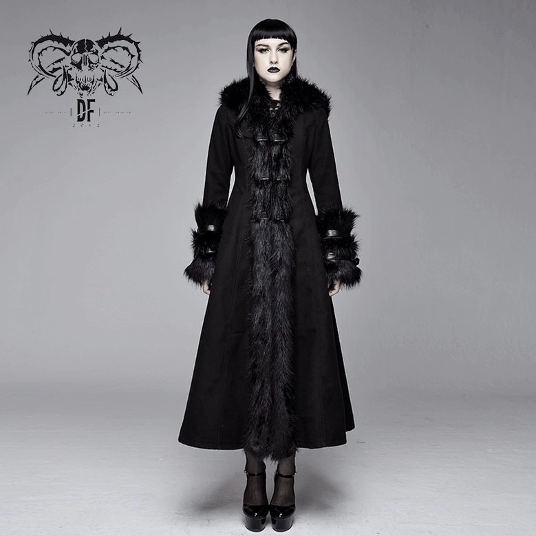 Gothic coat styling showcase featuring faux fur trim coordination, buckled cuff placement, and overall dark aesthetic alternative fashion presentation