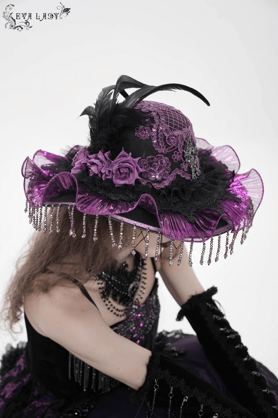 Gothic witch hat with all embellishments visible - comprehensive product view