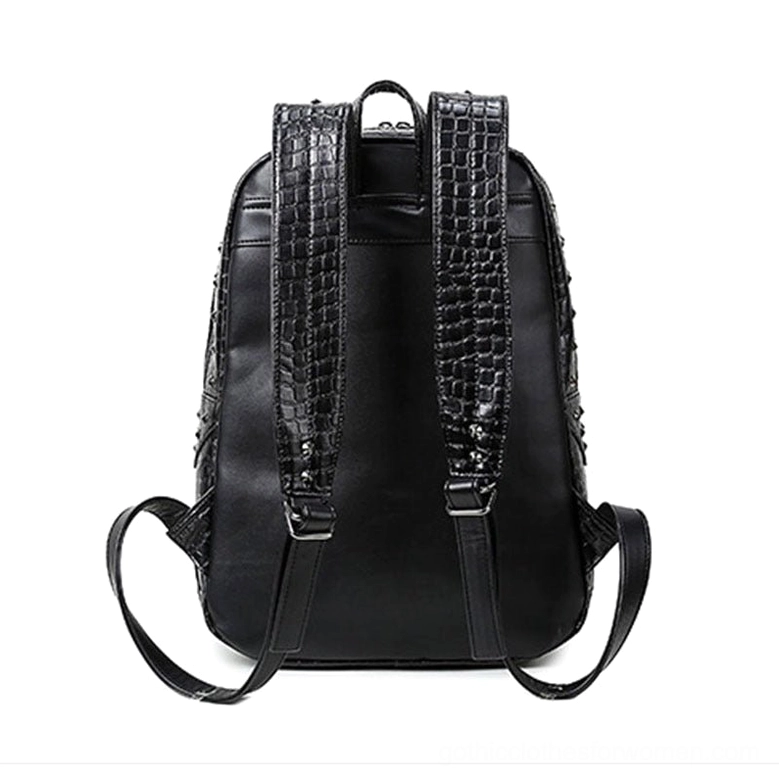 Gothic wolf backpack rear view with padded adjustable crocodile texture shoulder straps and back panel details