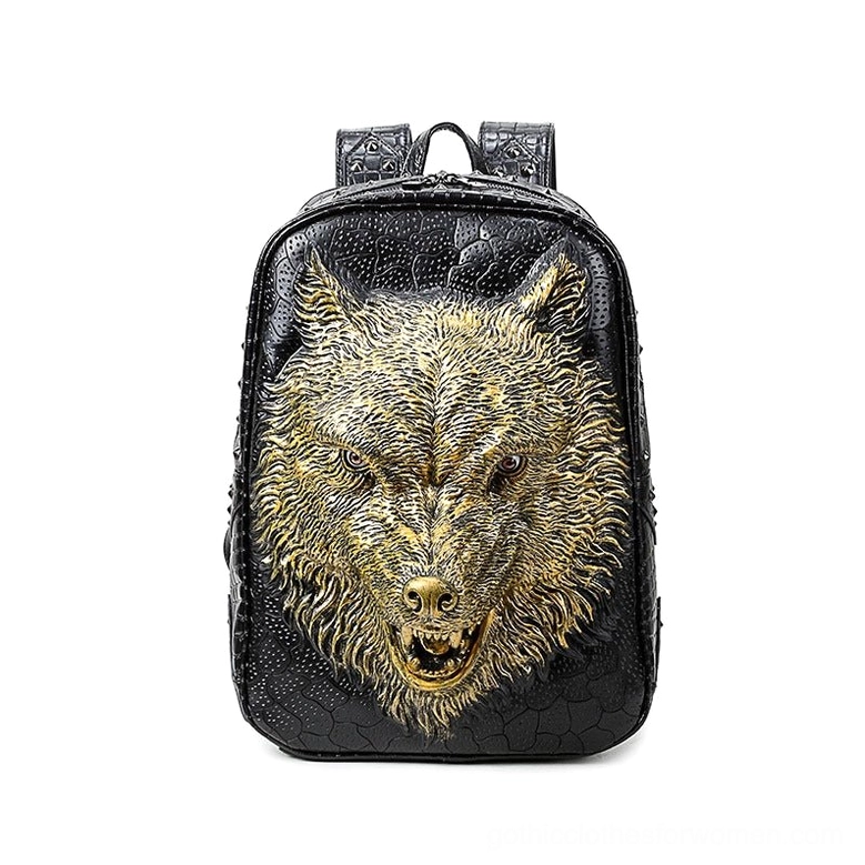 Gold 3D wolf head embossed gothic leather backpack with metallic accents and luxury dark aesthetic