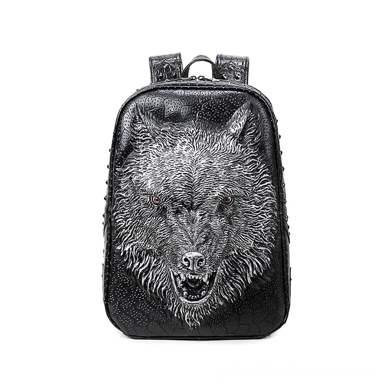 Silver grey 3D wolf ornament gothic backpack with croc texture PU leather and metal rivets