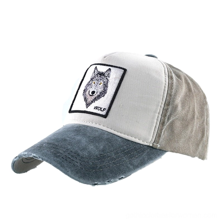 Black Gothic Wolf Embroidery Baseball Cap - Front Left View with Washed Denim Finish and Frayed Brim
