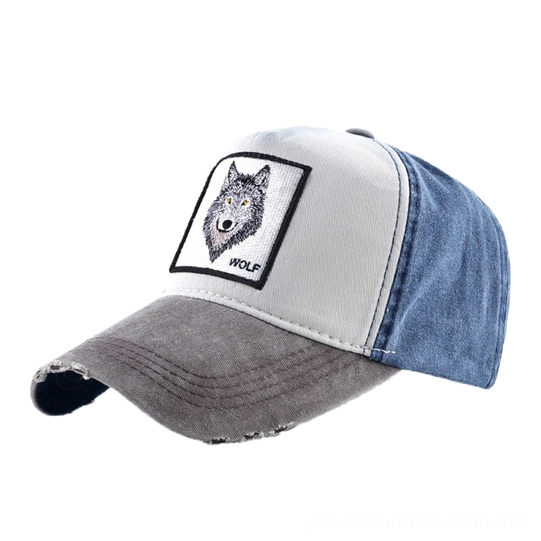 Blue and Grey Color-Blocked Gothic Wolf Cap - Front Three-Quarter Angle with Frayed Brim Detail