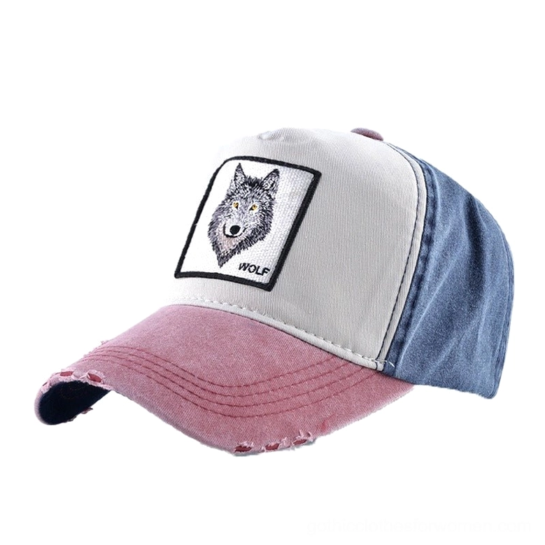 Red and Blue Gothic Wolf Embroidery Baseball Cap - Vintage Washed Denim with Pink Frayed Brim