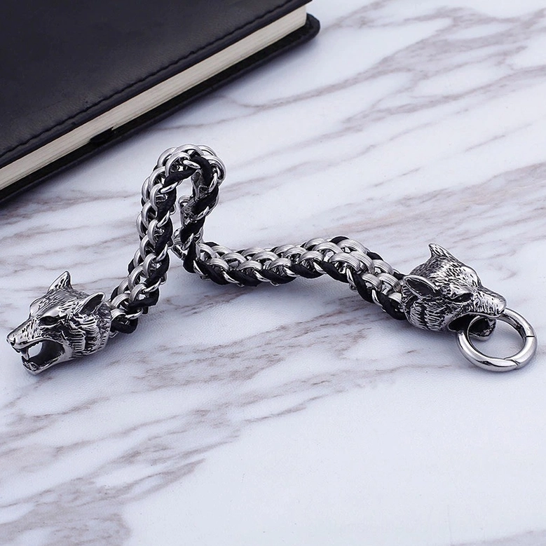 Gothic wolf head stainless steel bracelet lifestyle shot featuring alternative fashion and dark aesthetic styling